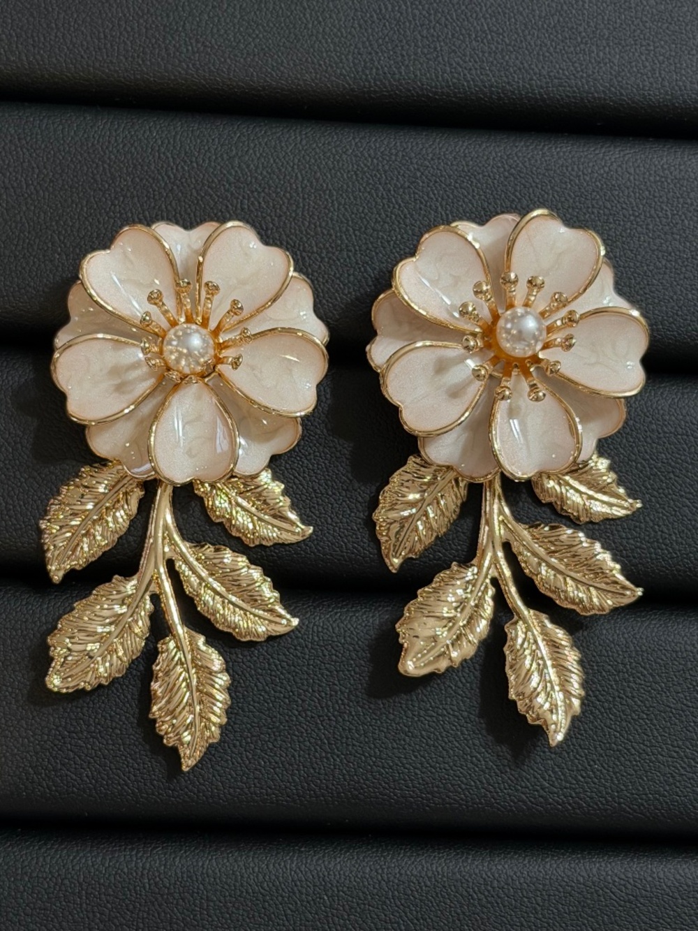 Golden Ivory White Flower Drop Statement Earrings Textured Golden Leaf Tassels